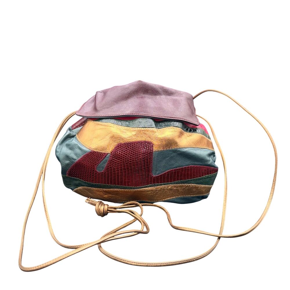 Carlos Falchi Vintage Patchwork Leather Drawstring Crossbody Bucket Bag